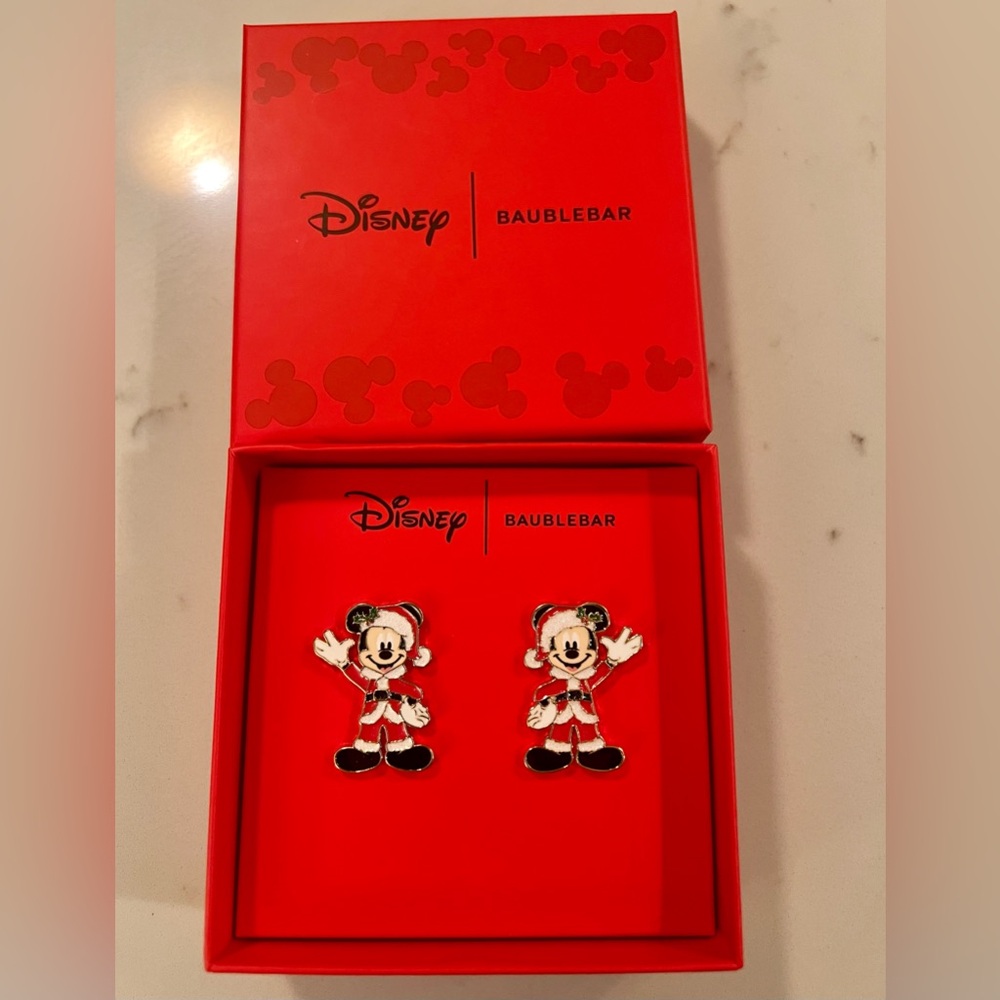 New in box, Disney X BaubleBar Santa Mickey statement earrings.